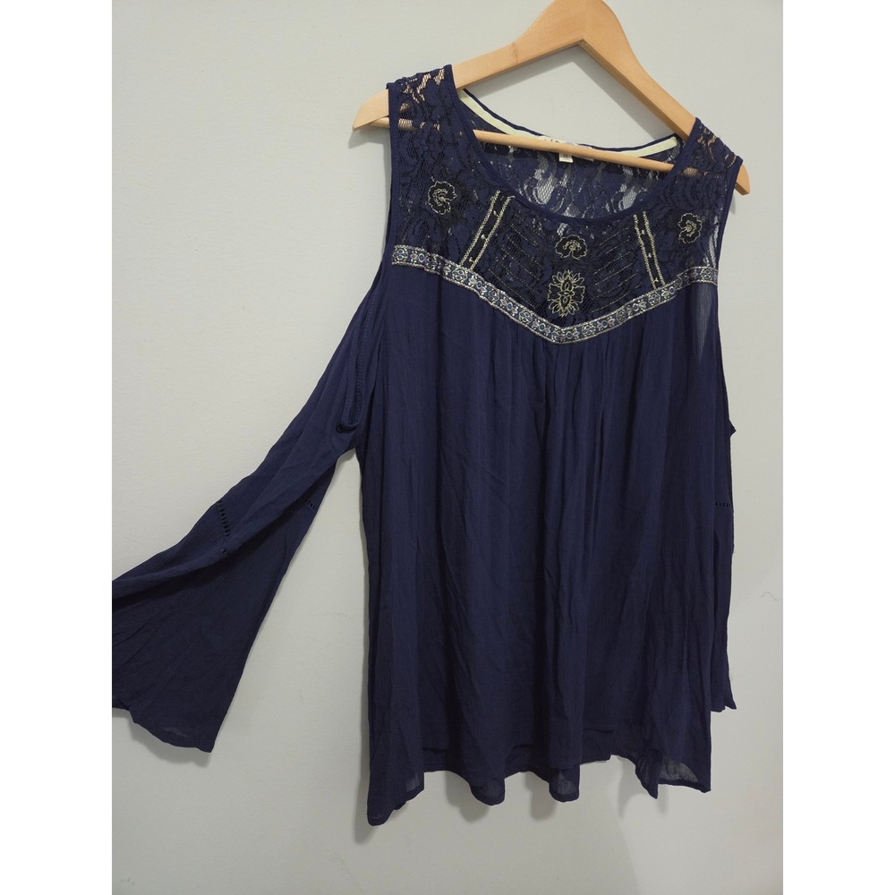Jolt Navy Blue Lace Cold Shoulder Bell Sleeve Boho Blouse Top 2X JEPW4085BA